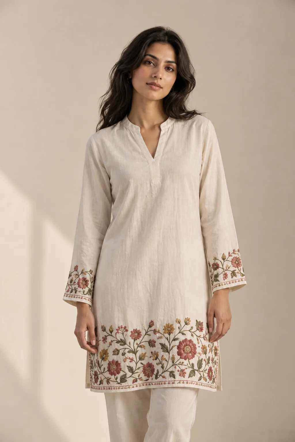 Ivory cotton tunic with floral embroidery at the cuffs and hem