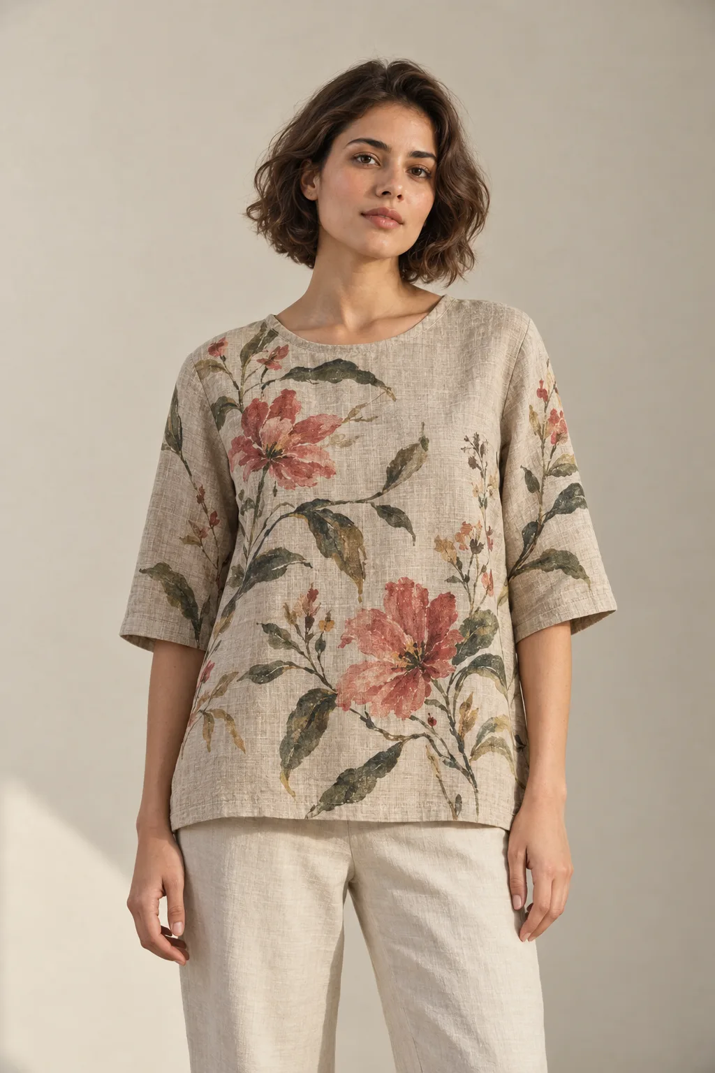 Natural linen top painted with coral flowers and green leaves