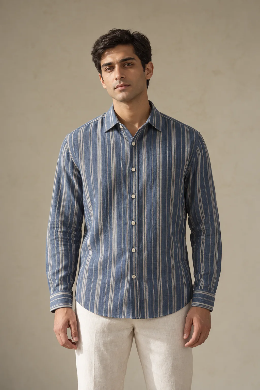 Indigo and ivory striped shirt with long sleeves