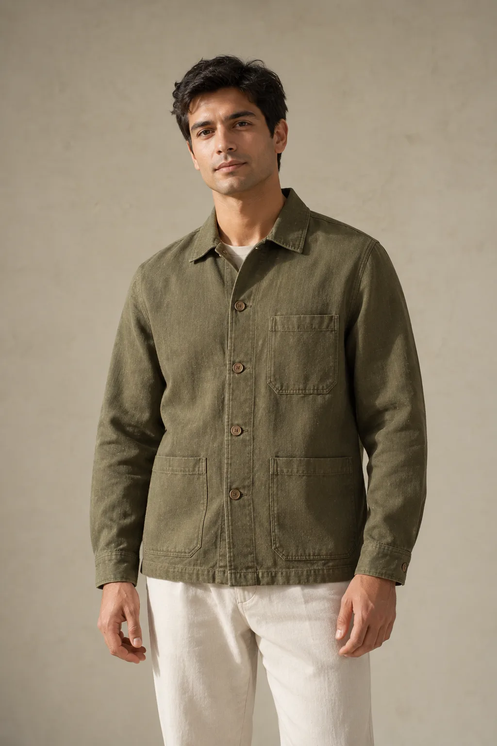 Olive chore jacket with patch pockets