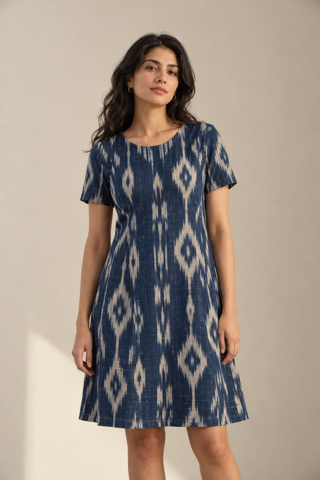 Indigo and ivory short-sleeved ikat dress with diamond motifs