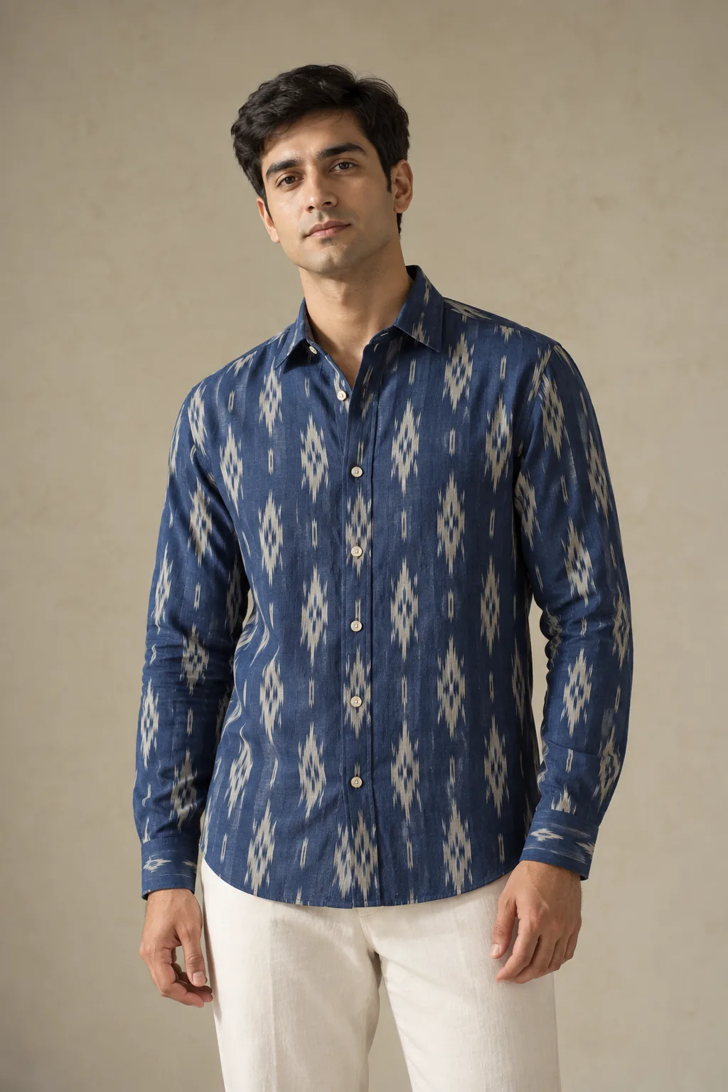 Indigo and ivory long-sleeved ikat shirt for men