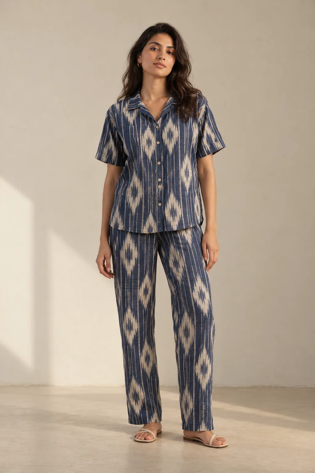 Indigo and ivory ikat shirt and straight trousers worn as a set