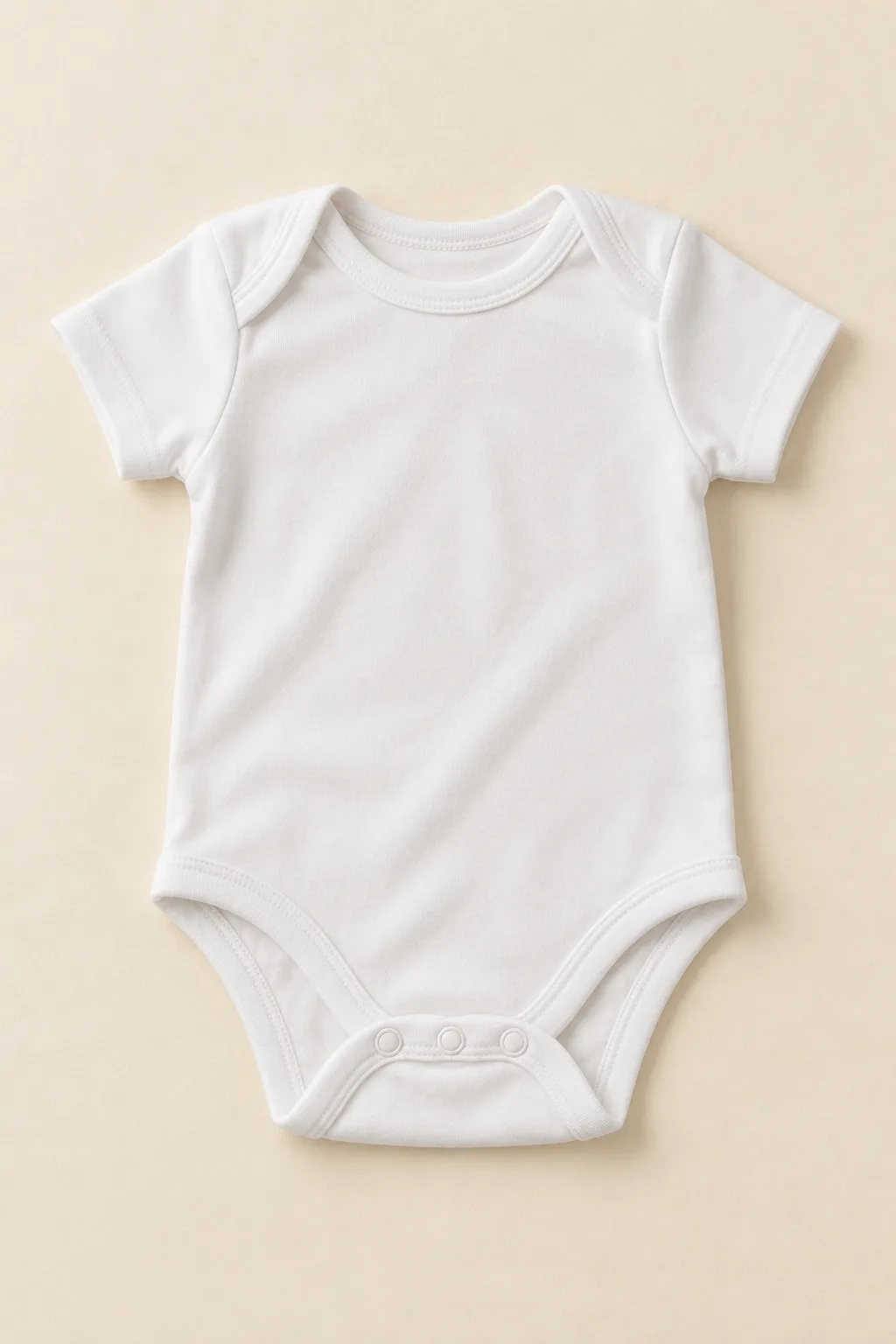 White short-sleeve baby bodysuit with envelope shoulders and three bottom snaps