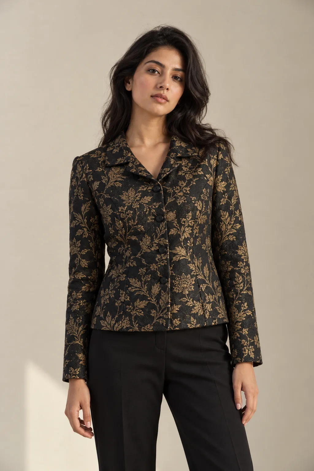 Black and gold floral jacquard jacket