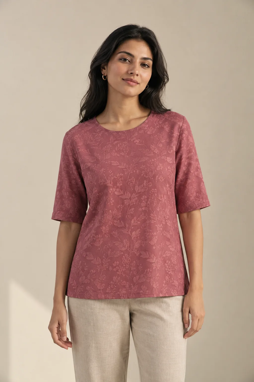Rose jacquard top with a tonal leaf pattern