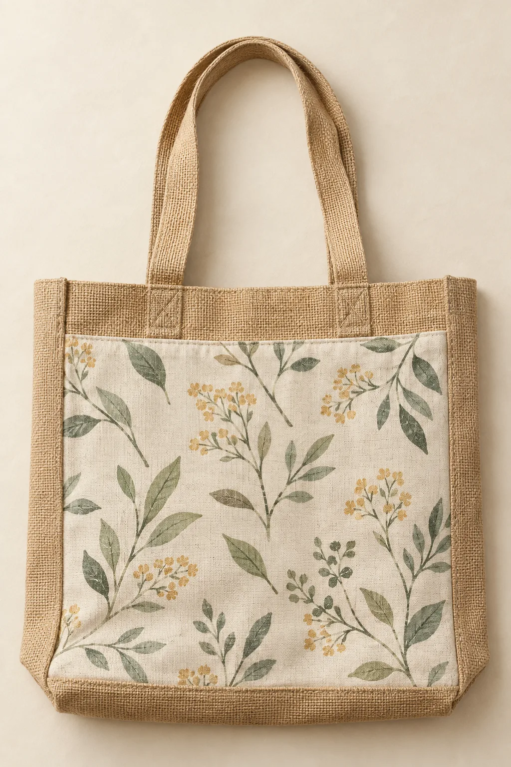 Natural jute shopper with a botanical print on its front panel