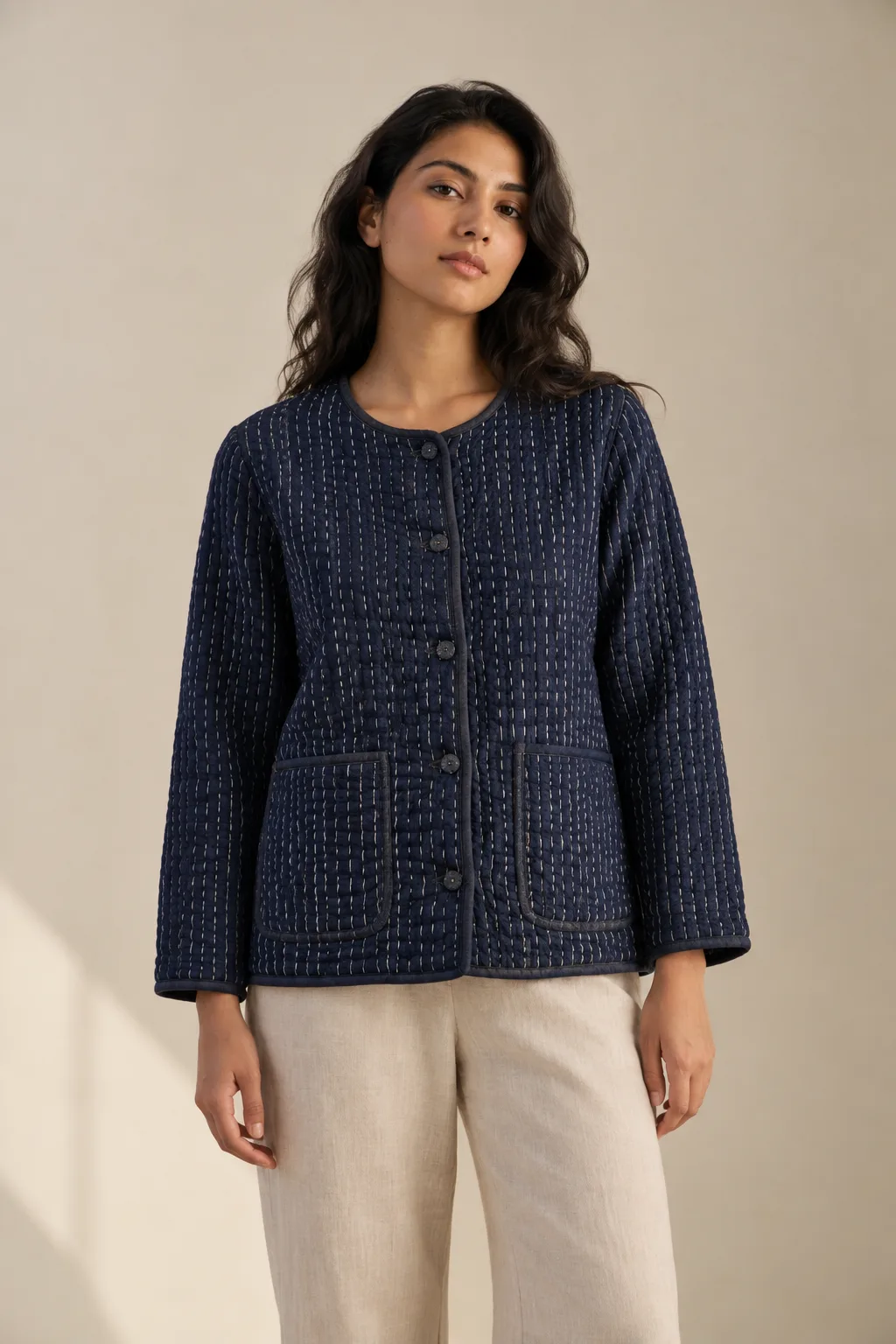 Indigo jacket with all-over cream Kantha rows and patch pockets