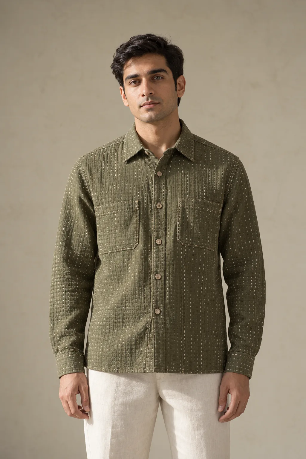 Olive overshirt with cream Kantha rows and two chest pockets