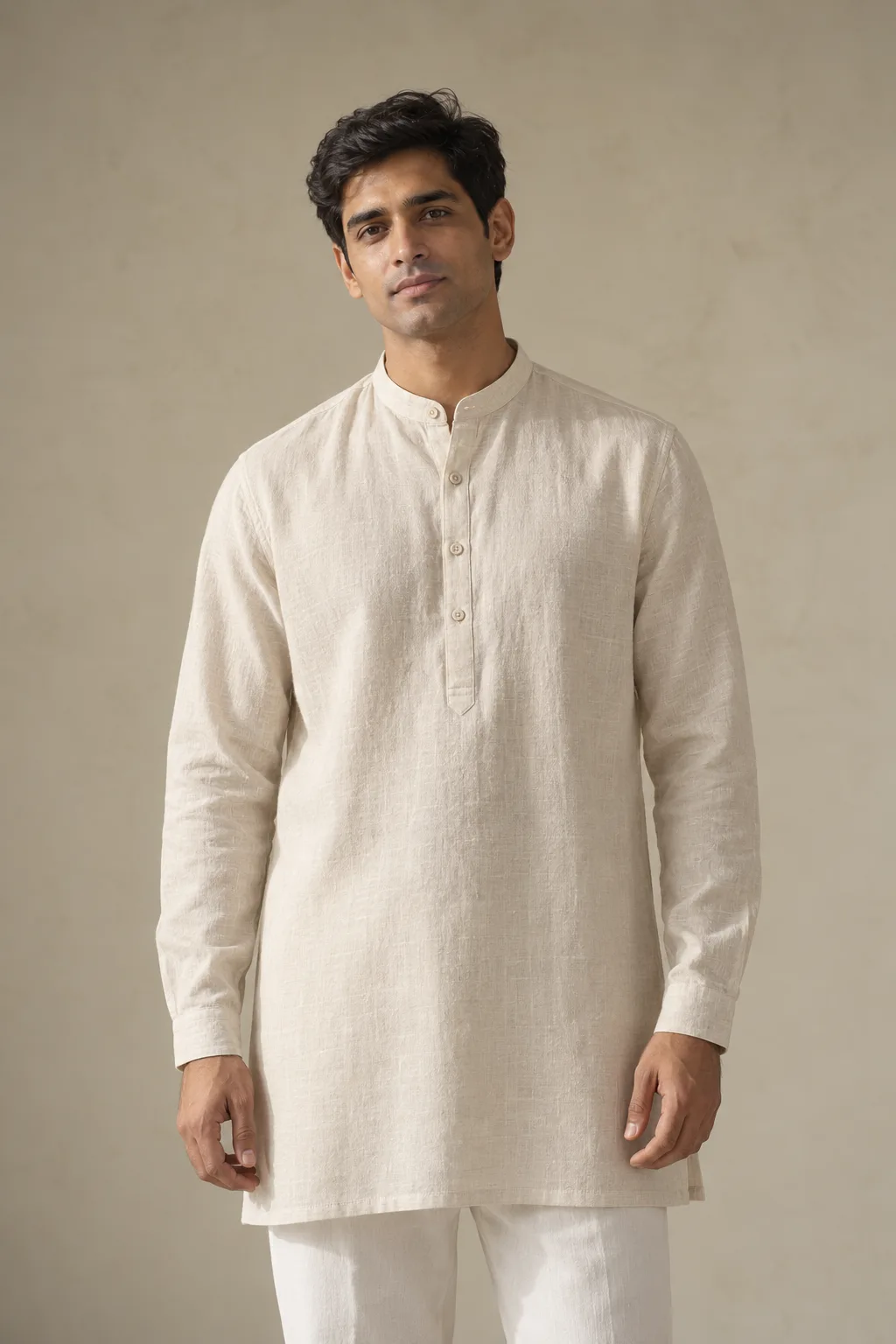 Ecru kurta shirt with long sleeves and a band collar