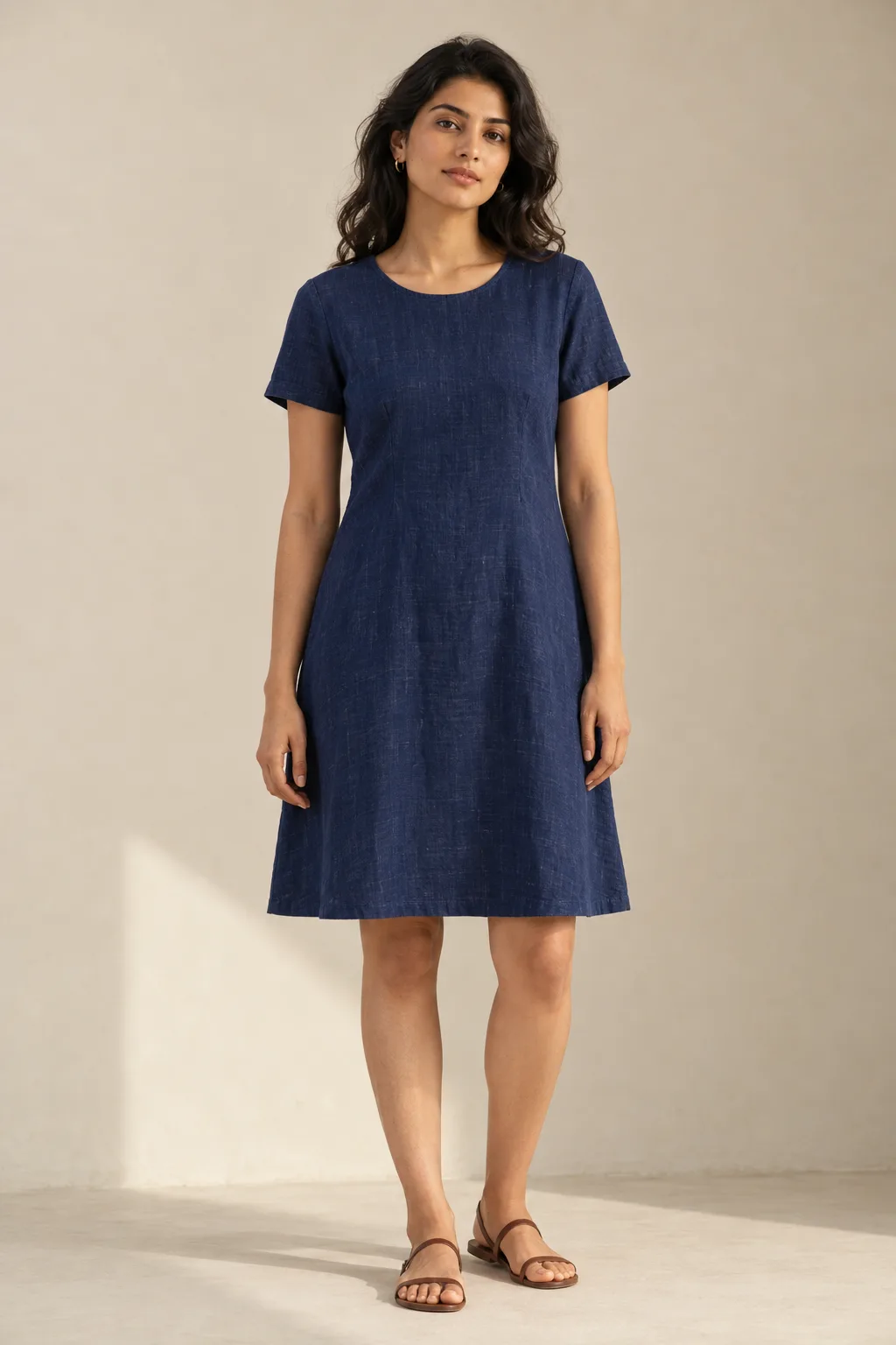 Indigo dress with short sleeves and a round neck