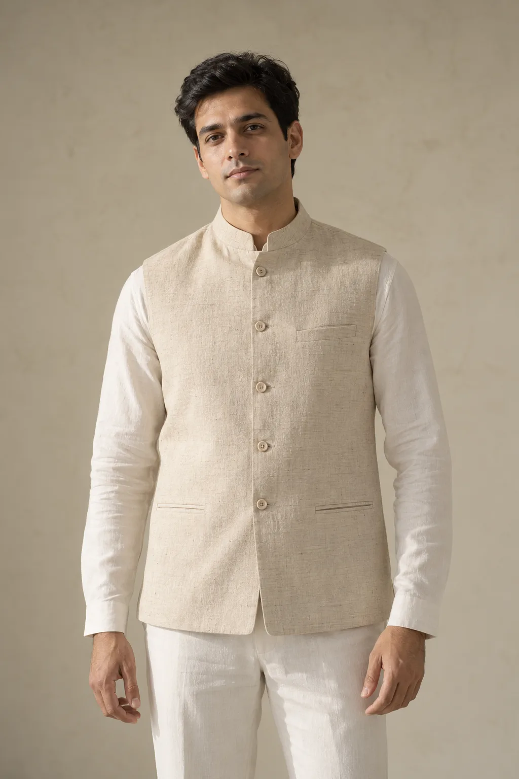 Natural sleeveless Nehru jacket over a white shirt