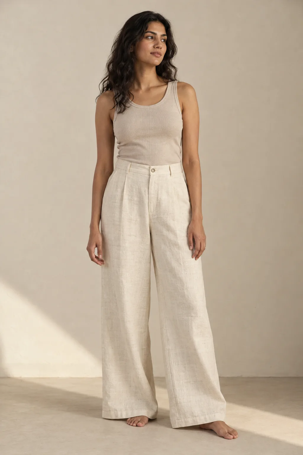 Ecru wide-leg trousers with front pleats