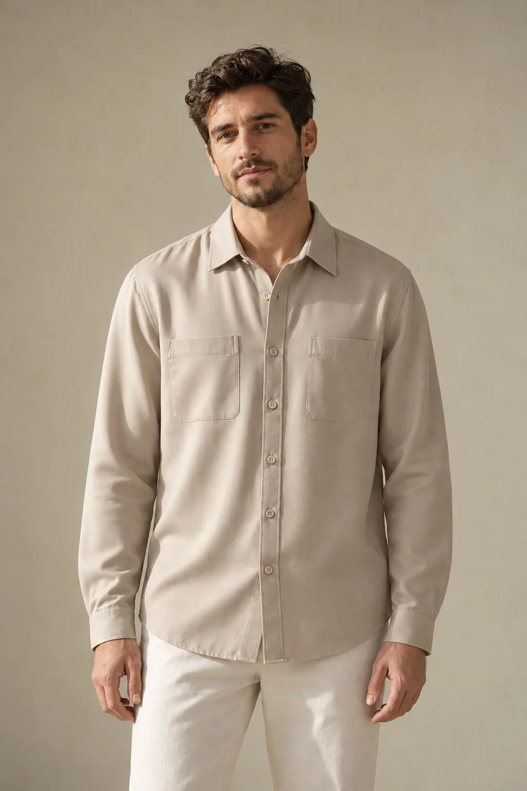 Stone lyocell overshirt with two patch pockets