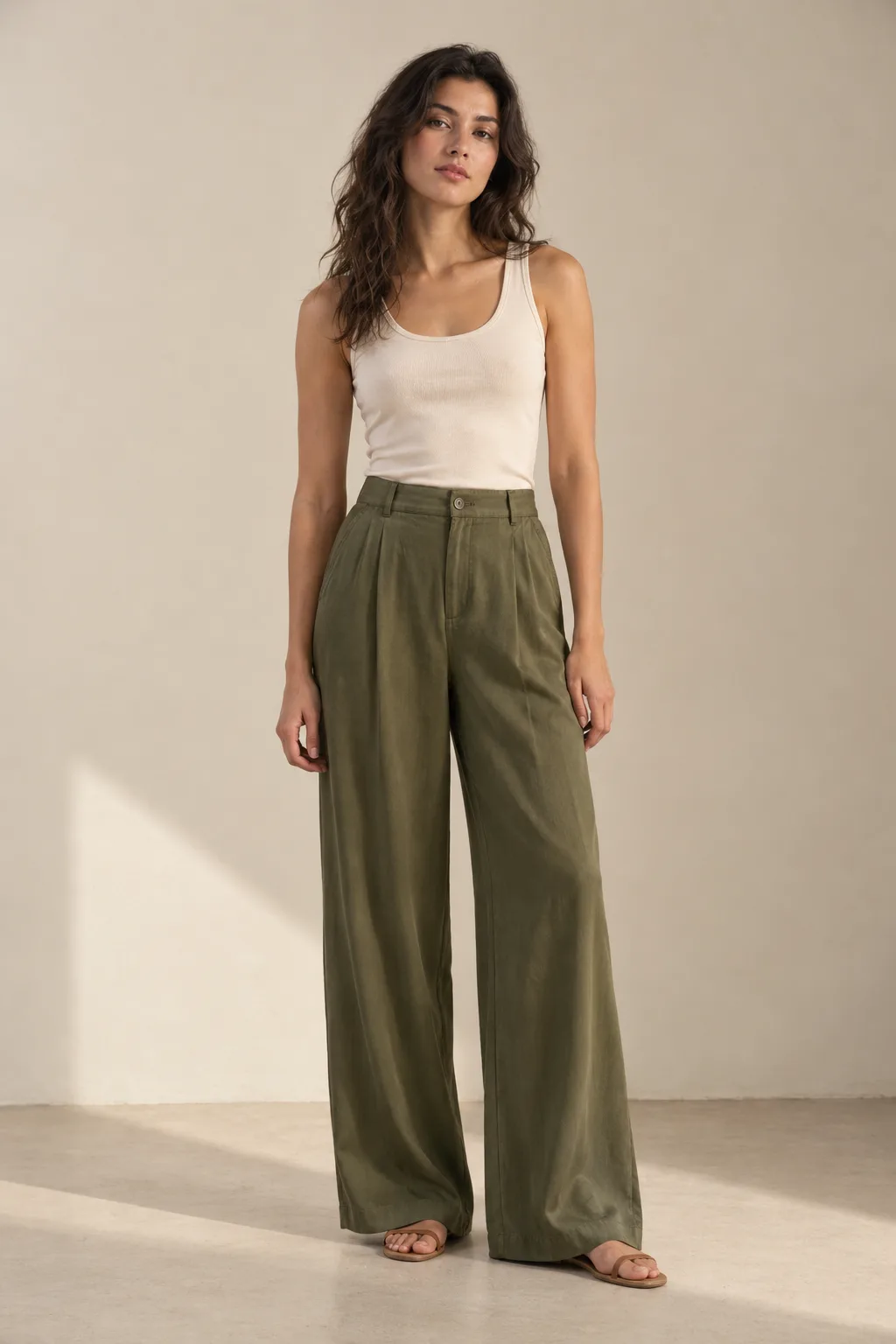 Olive pleated wide-leg lyocell trousers