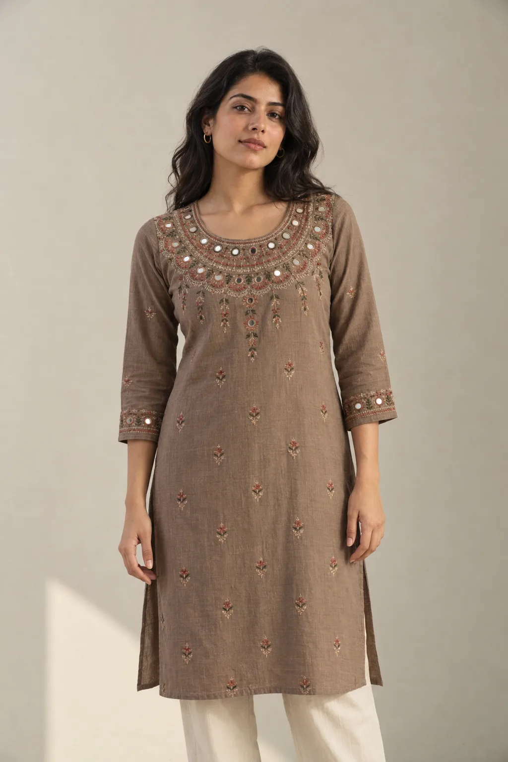 Taupe cotton kurta with mirrors and thread embroidery at the yoke