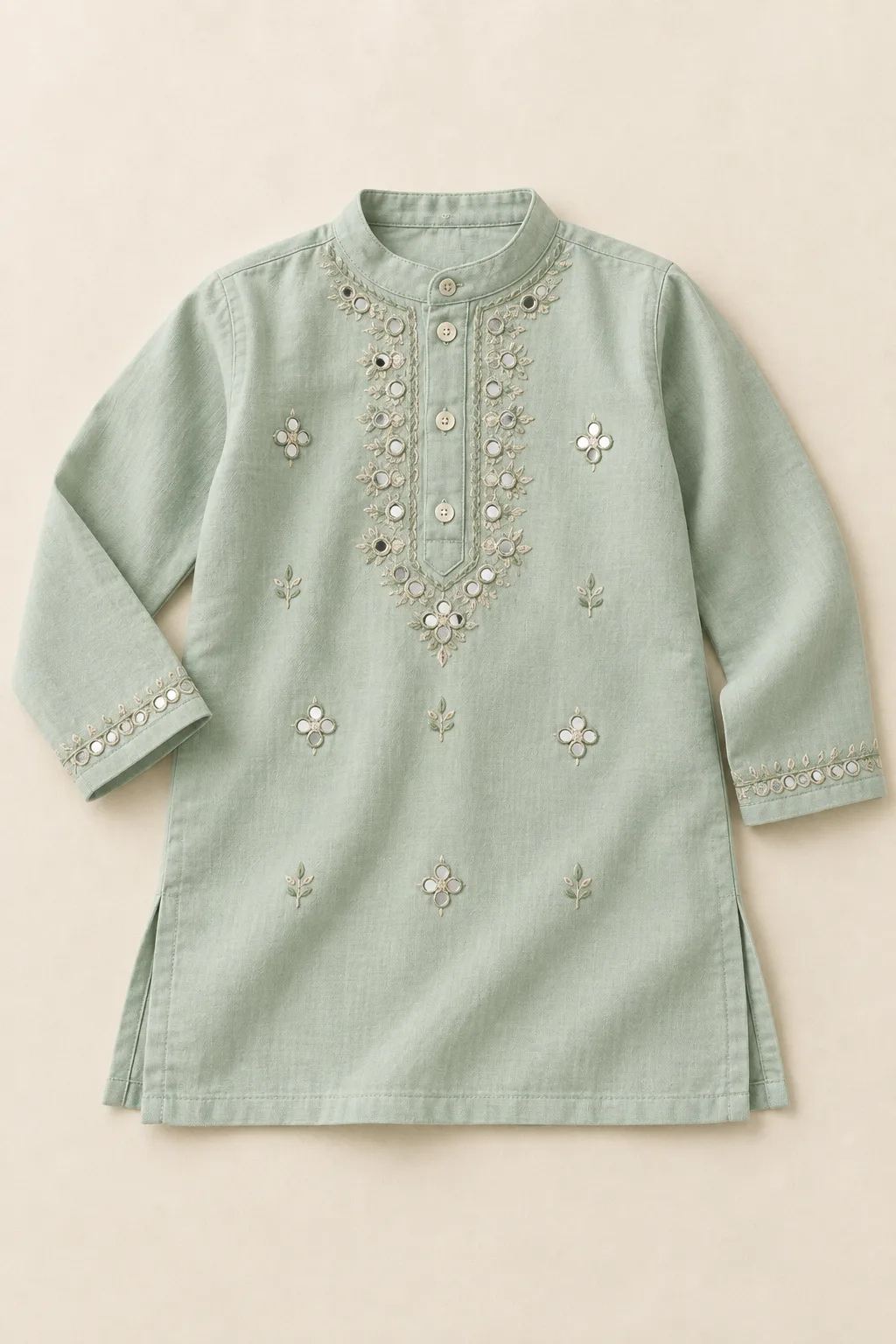 Sage children's kurta with mirror work beside the placket
