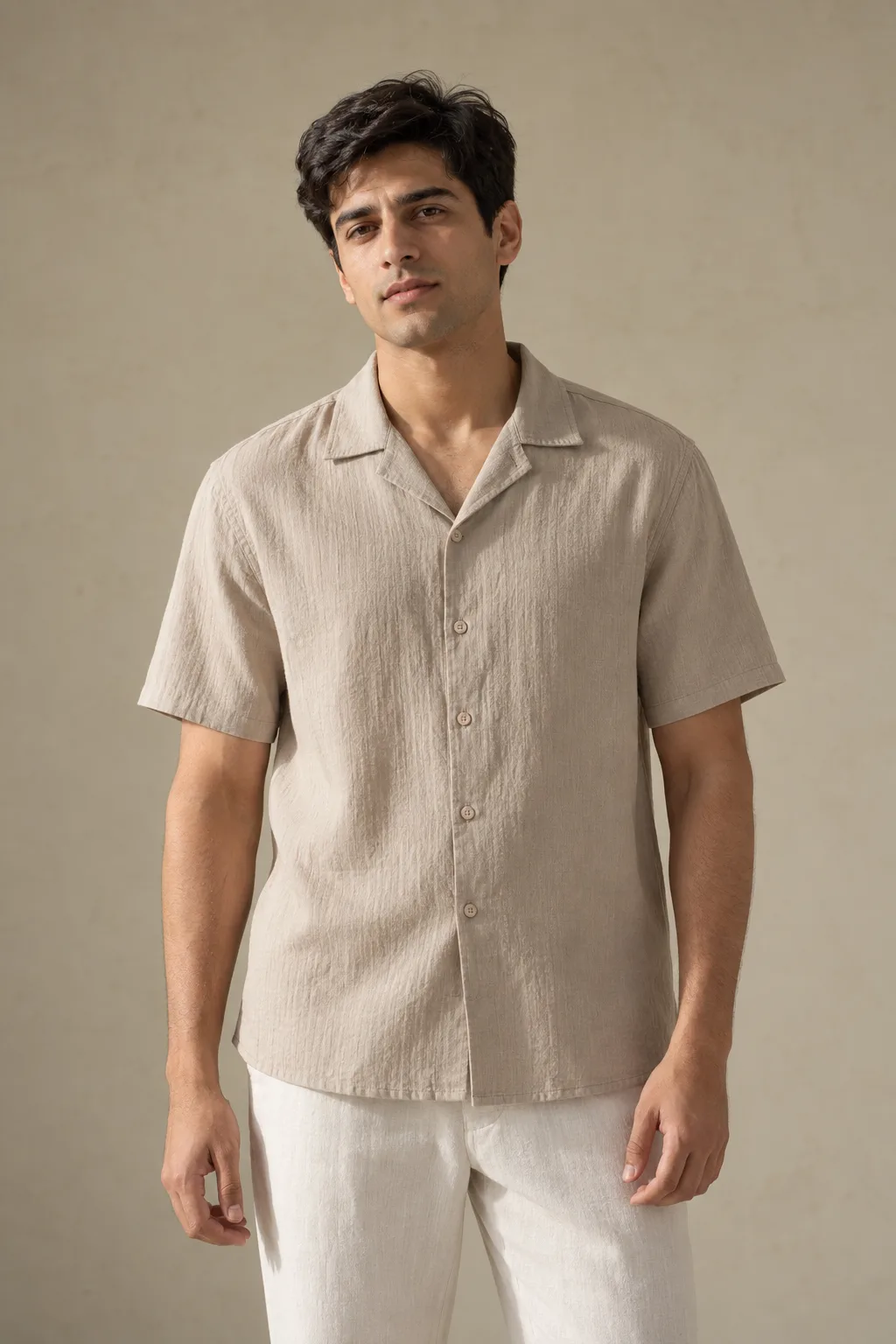 Sand crinkled muslin camp-collar shirt with short sleeves