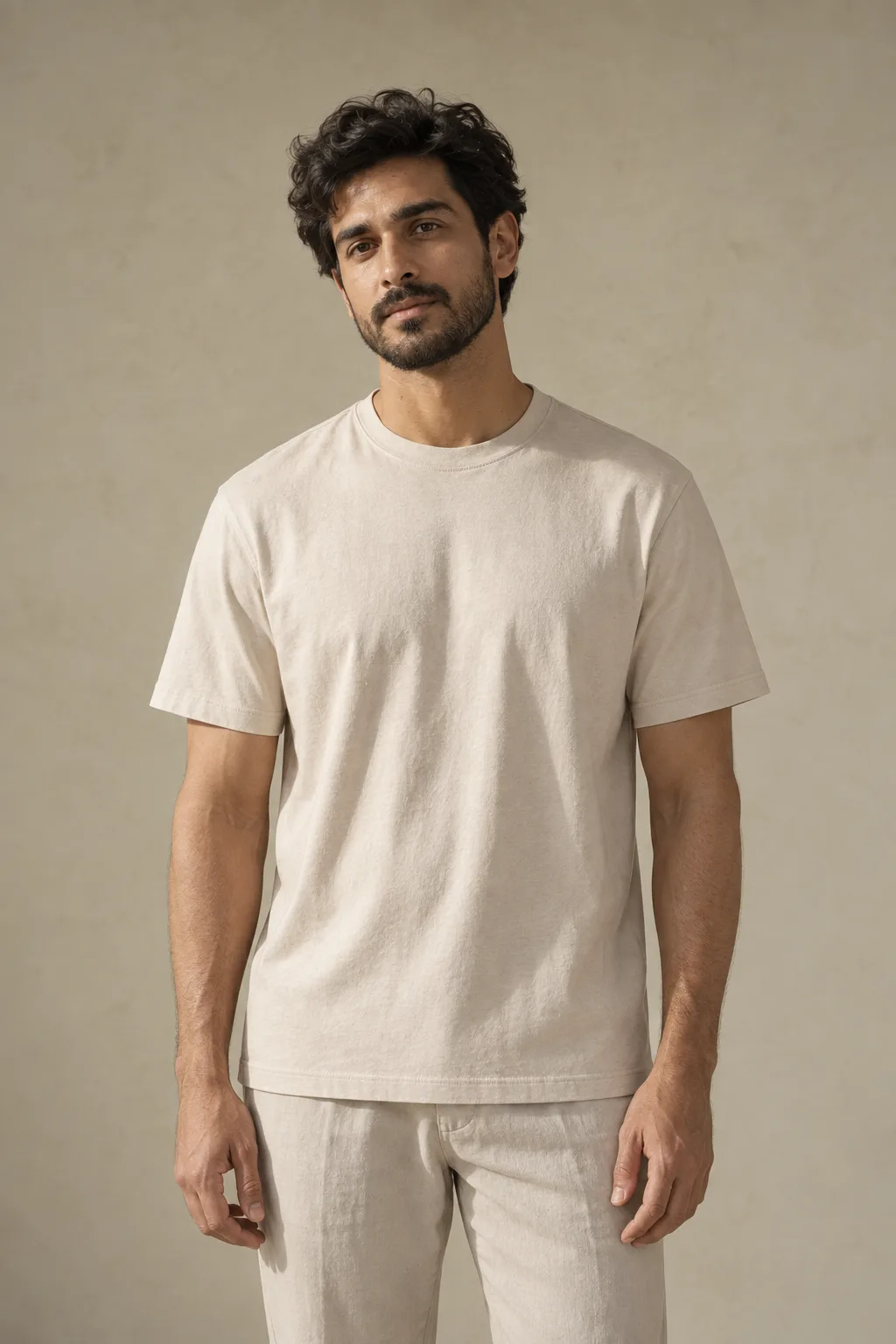 Man wearing an ecru crew-neck T-shirt