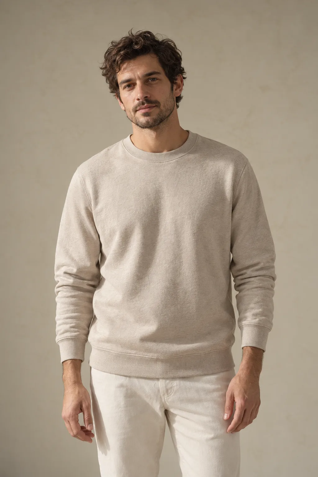 Man wearing an oatmeal crew-neck sweatshirt