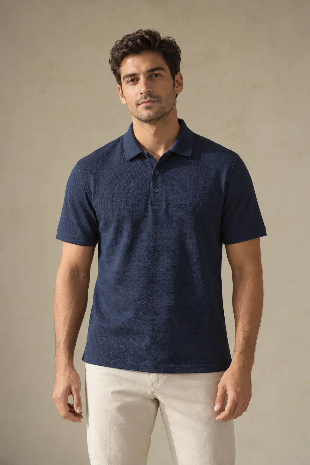 Navy textured-knit polyester polo shirt