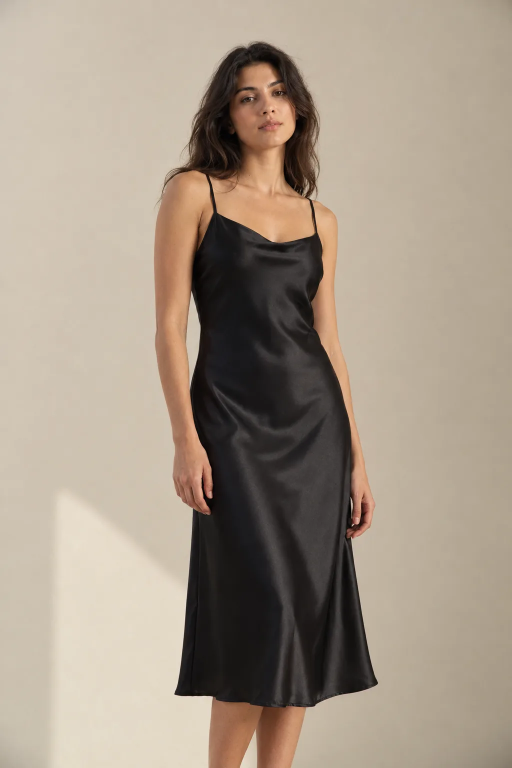 Black polyester satin slip dress