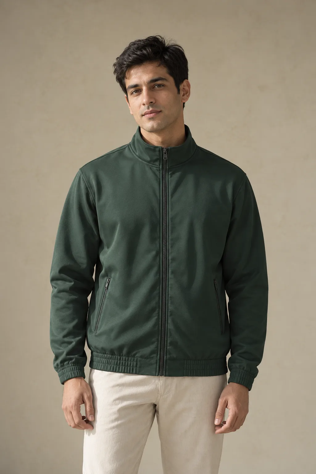 Forest green polyester track jacket with a stand collar