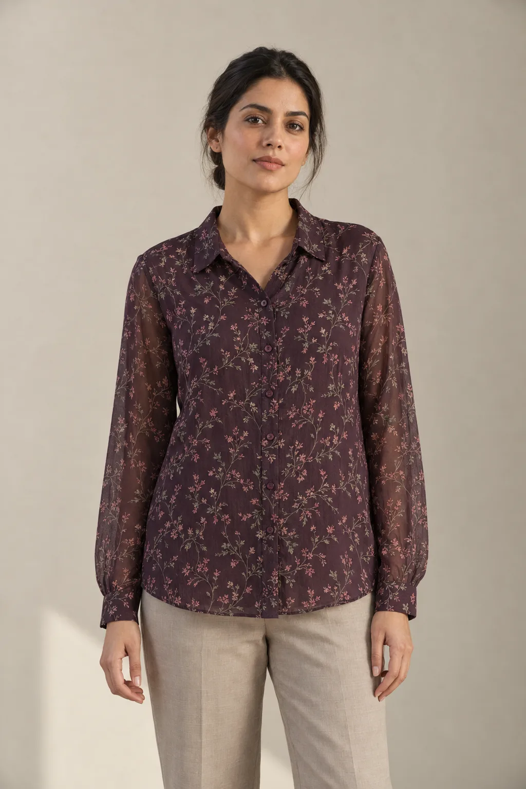 Plum polyester georgette blouse with a floral print