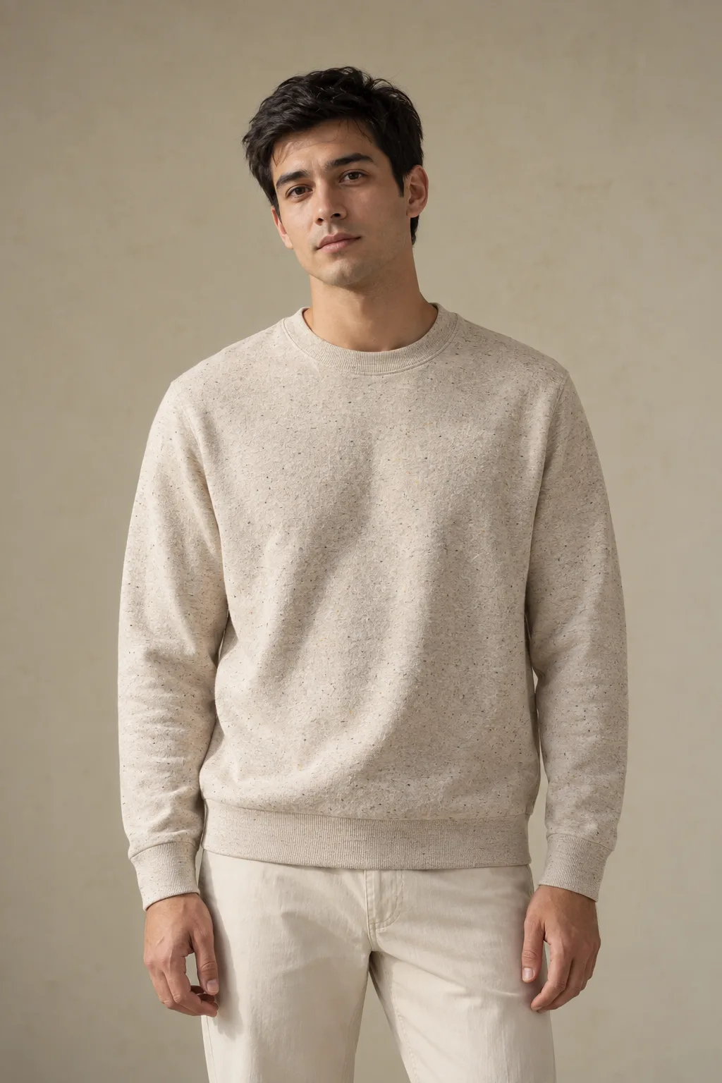 Man wearing an oatmeal flecked crew-neck sweatshirt