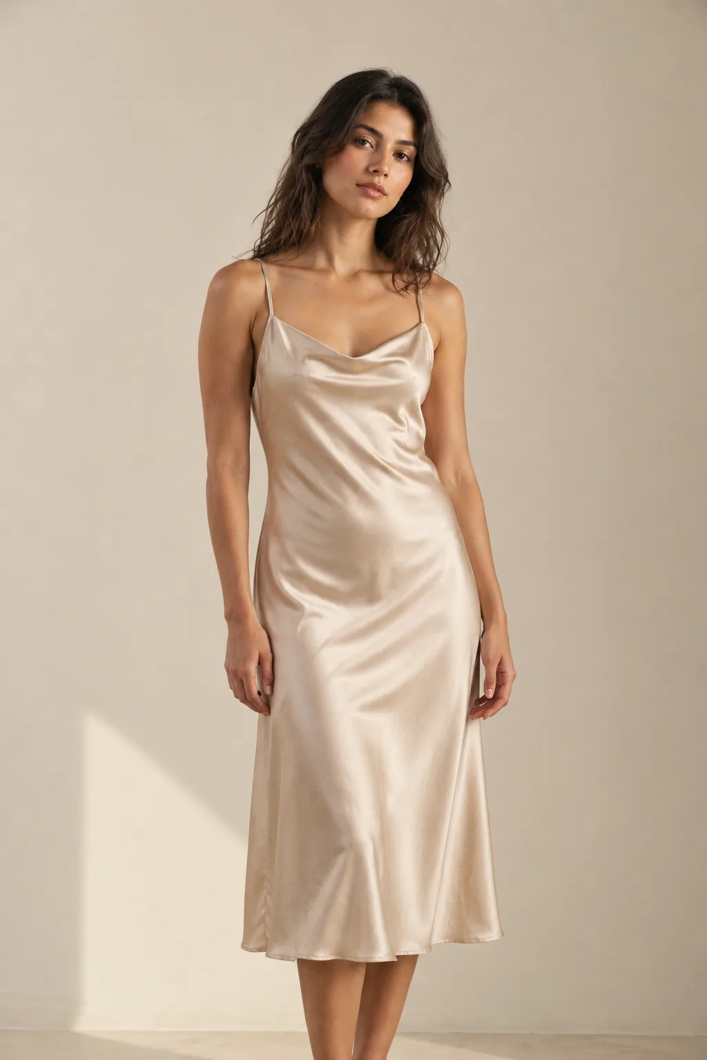 Champagne satin slip dress with a cowl neck