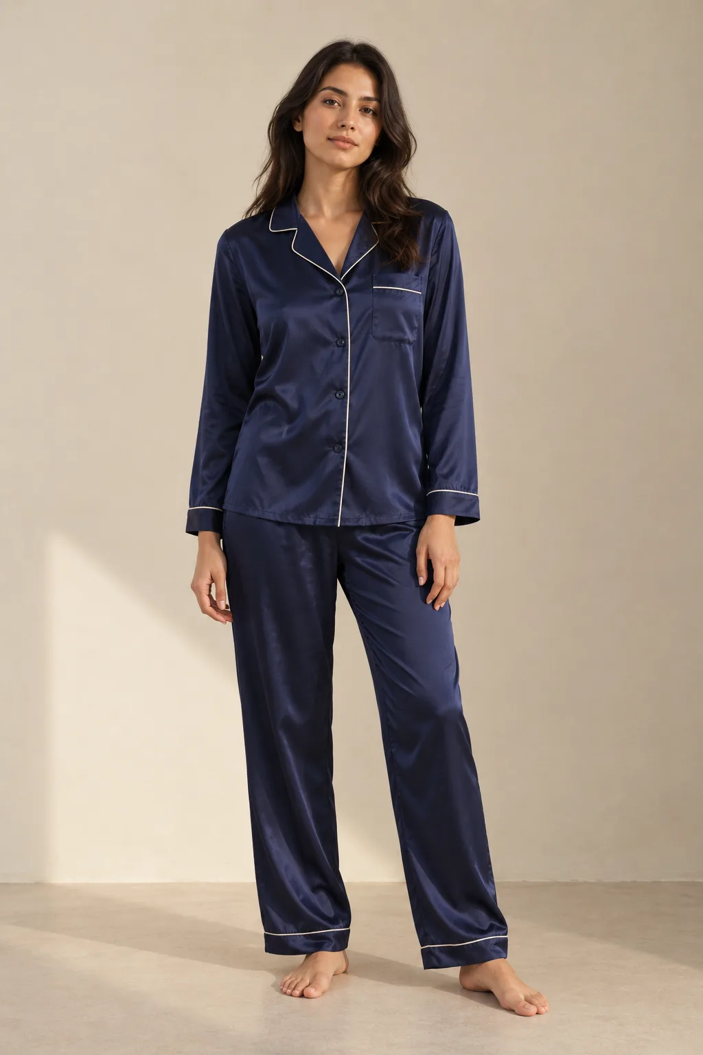 Navy satin pyjama set with white piping