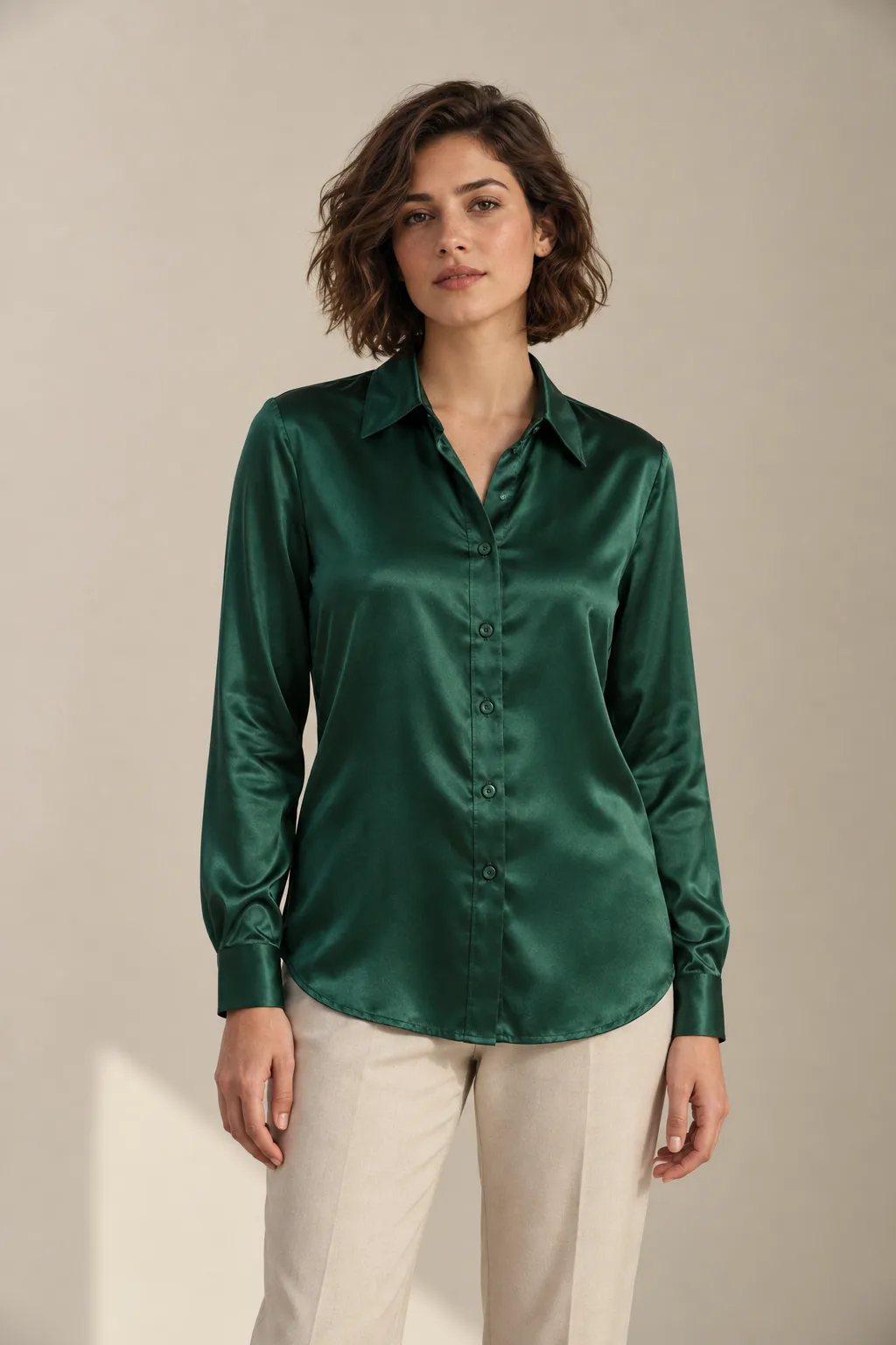 Emerald satin button-front blouse