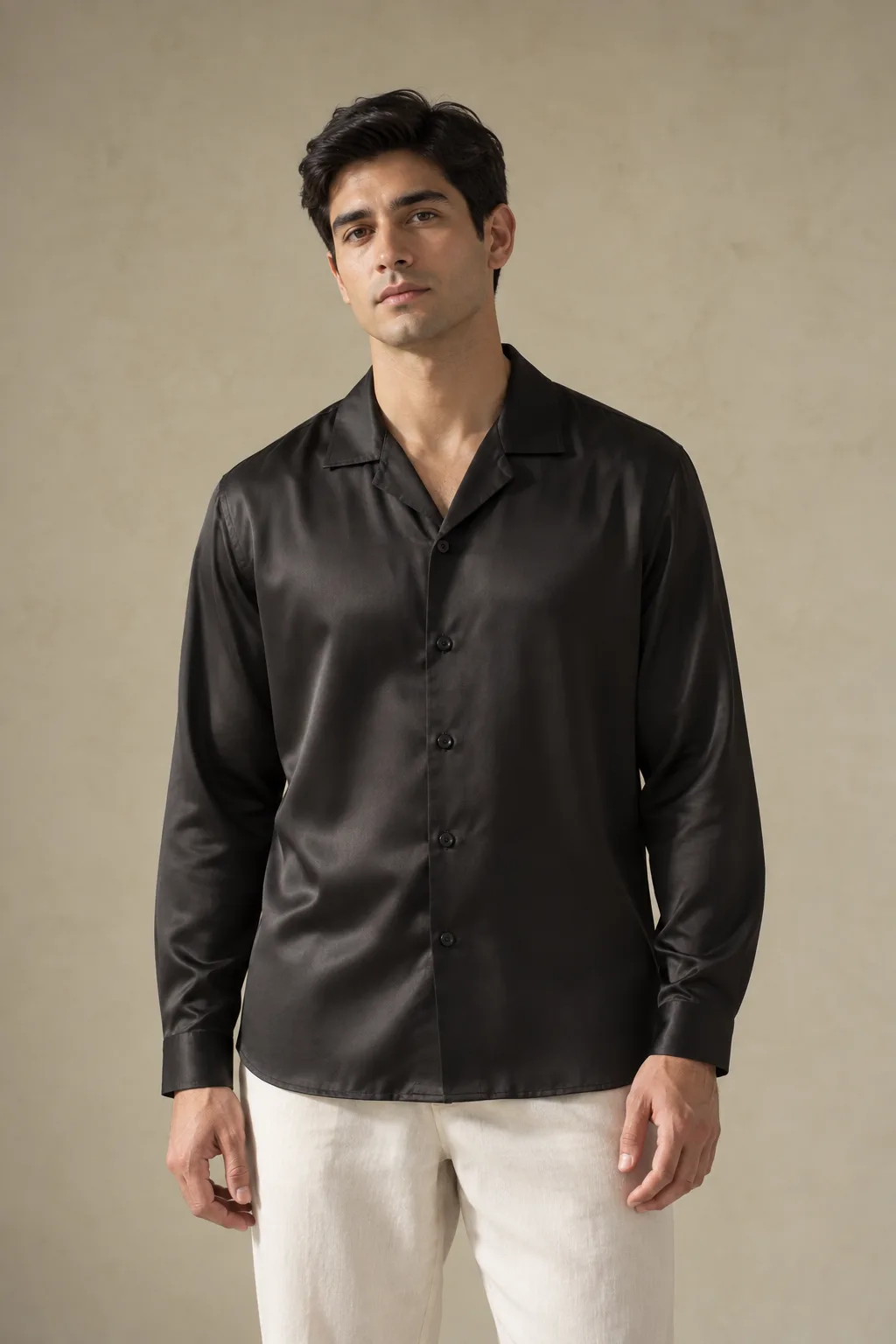 Black satin button-front lounge shirt