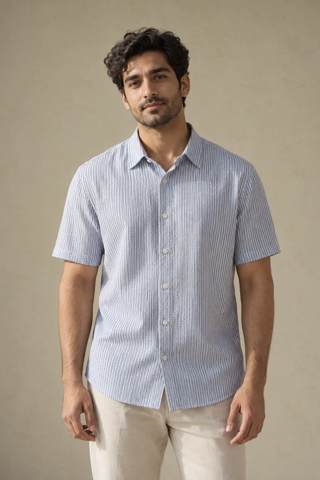 Man wearing a blue and white striped short-sleeved seersucker shirt