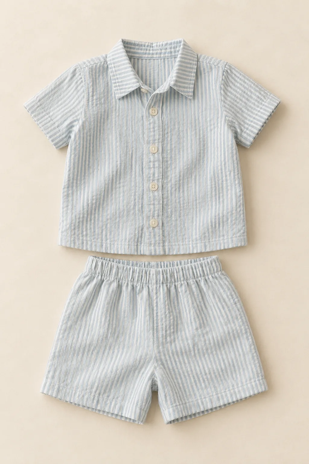 Children's pale blue seersucker shirt and shorts set laid flat