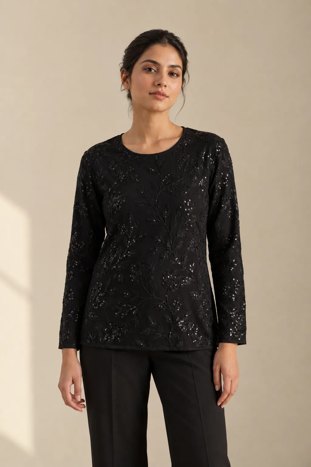Black long-sleeve top with tonal black sequin and thread embroidery