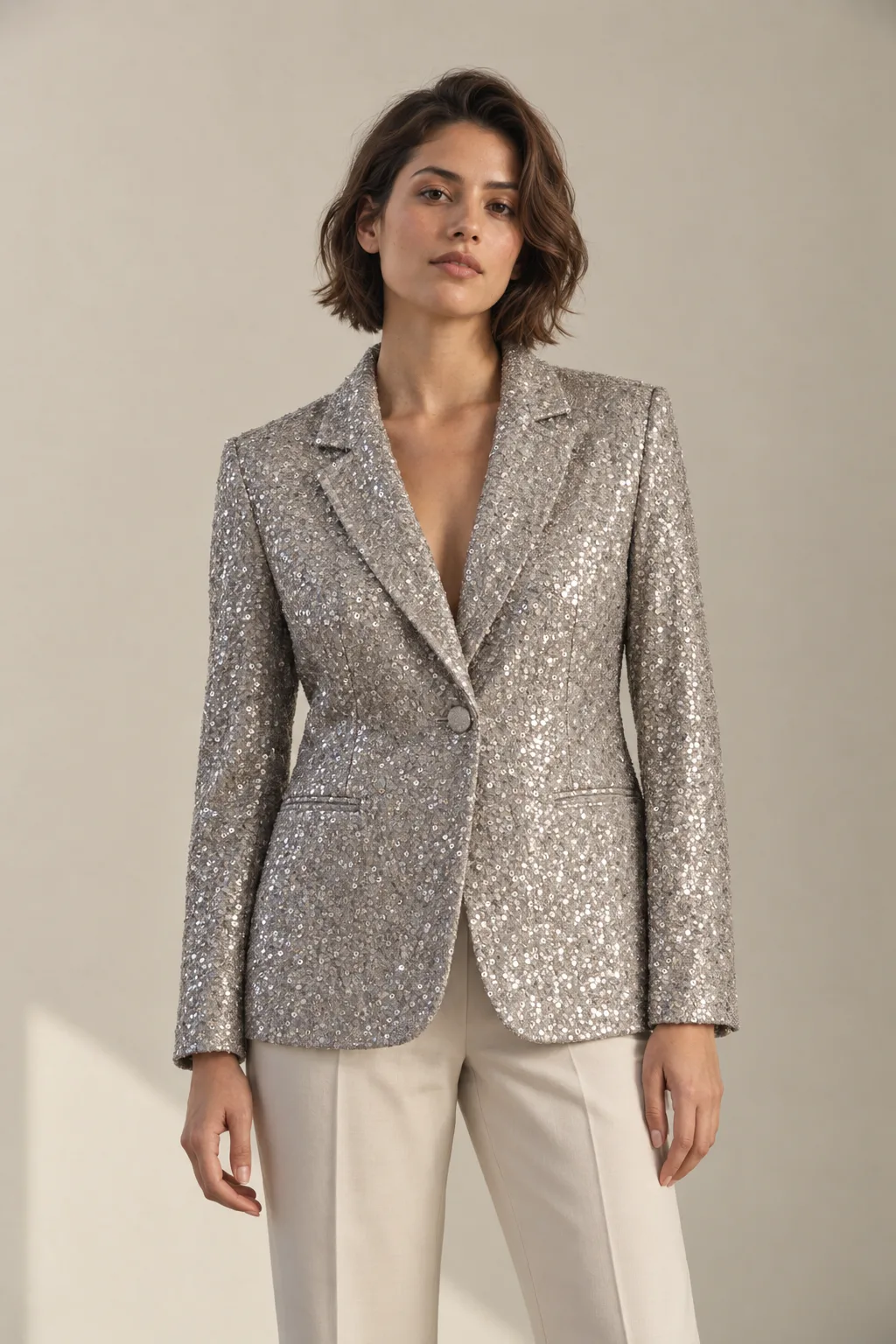 Silver single-button blazer embroidered all over with sequins