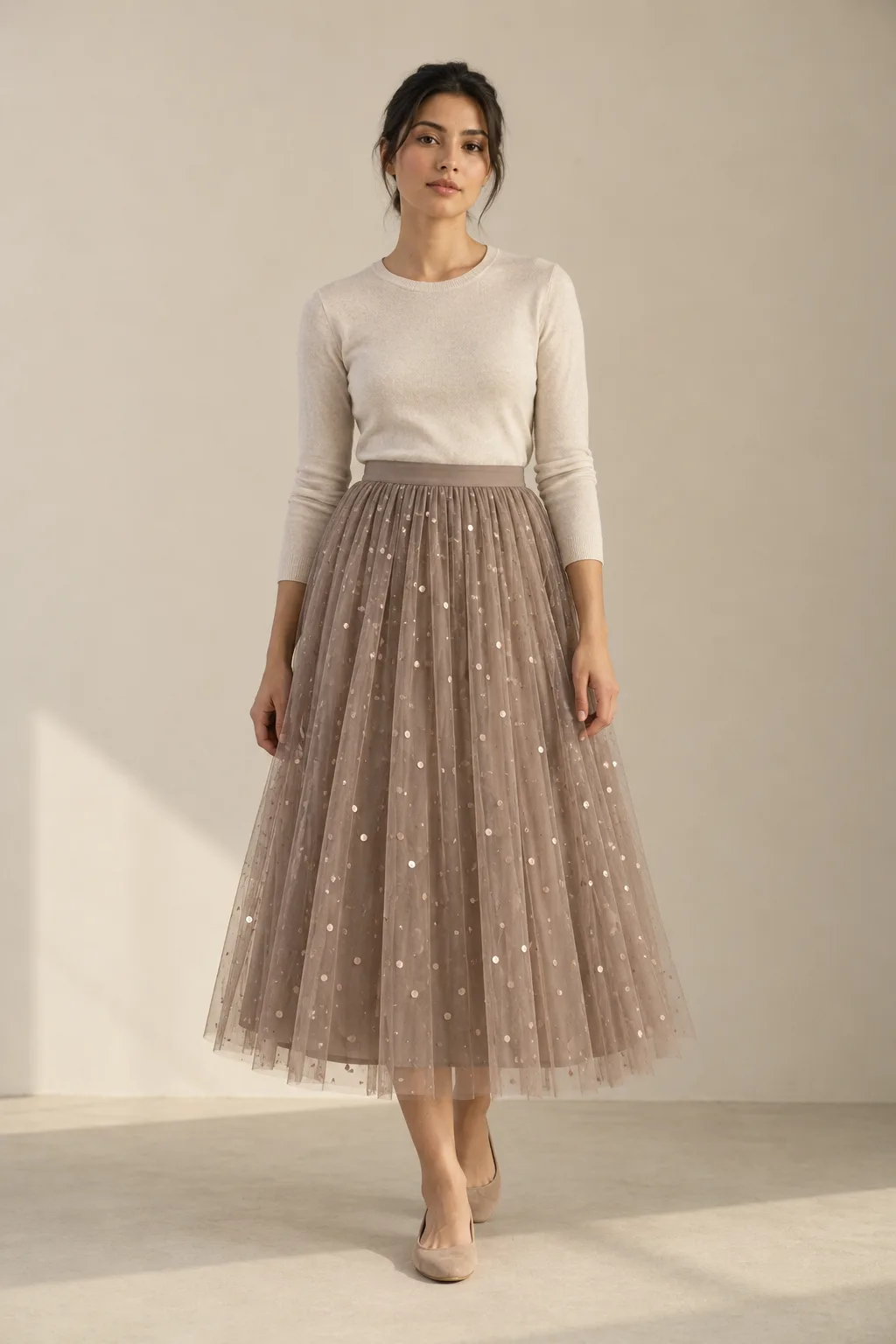 Taupe tulle midi skirt with scattered sequins