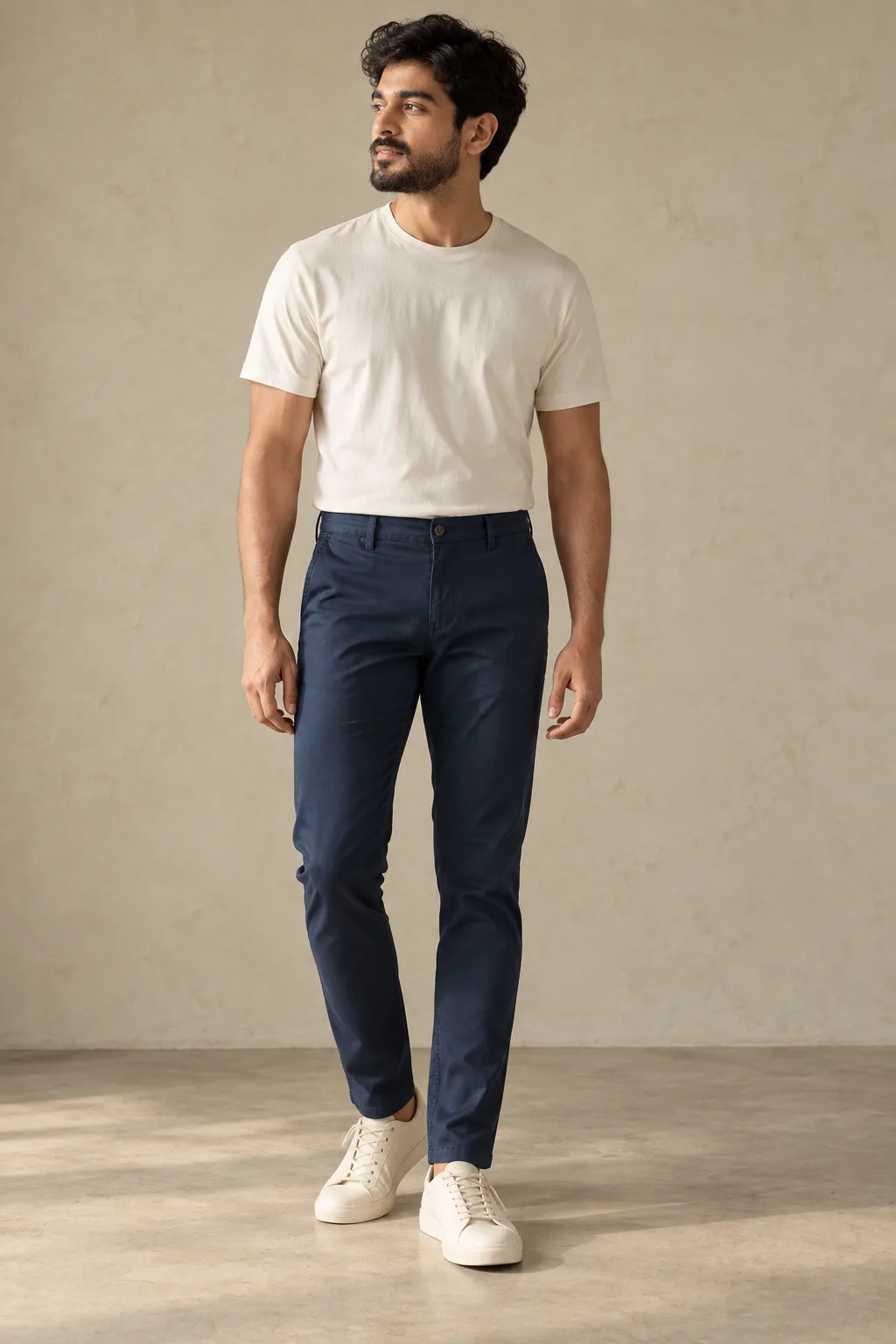 Man wearing navy chinos