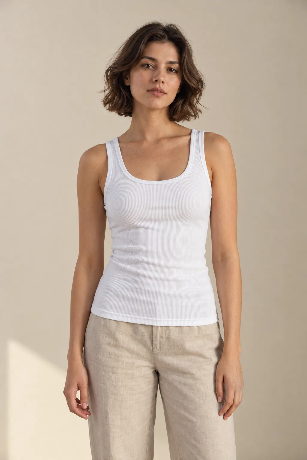 Woman wearing a white rib tank top