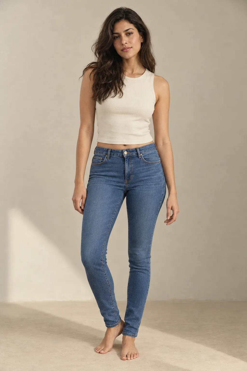 Woman wearing blue skinny jeans