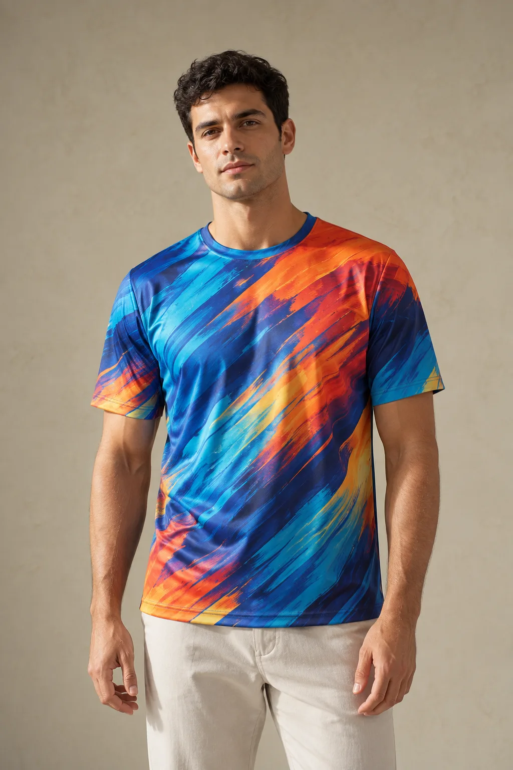 Polyester T-shirt printed all over with blue, orange and yellow brush strokes
