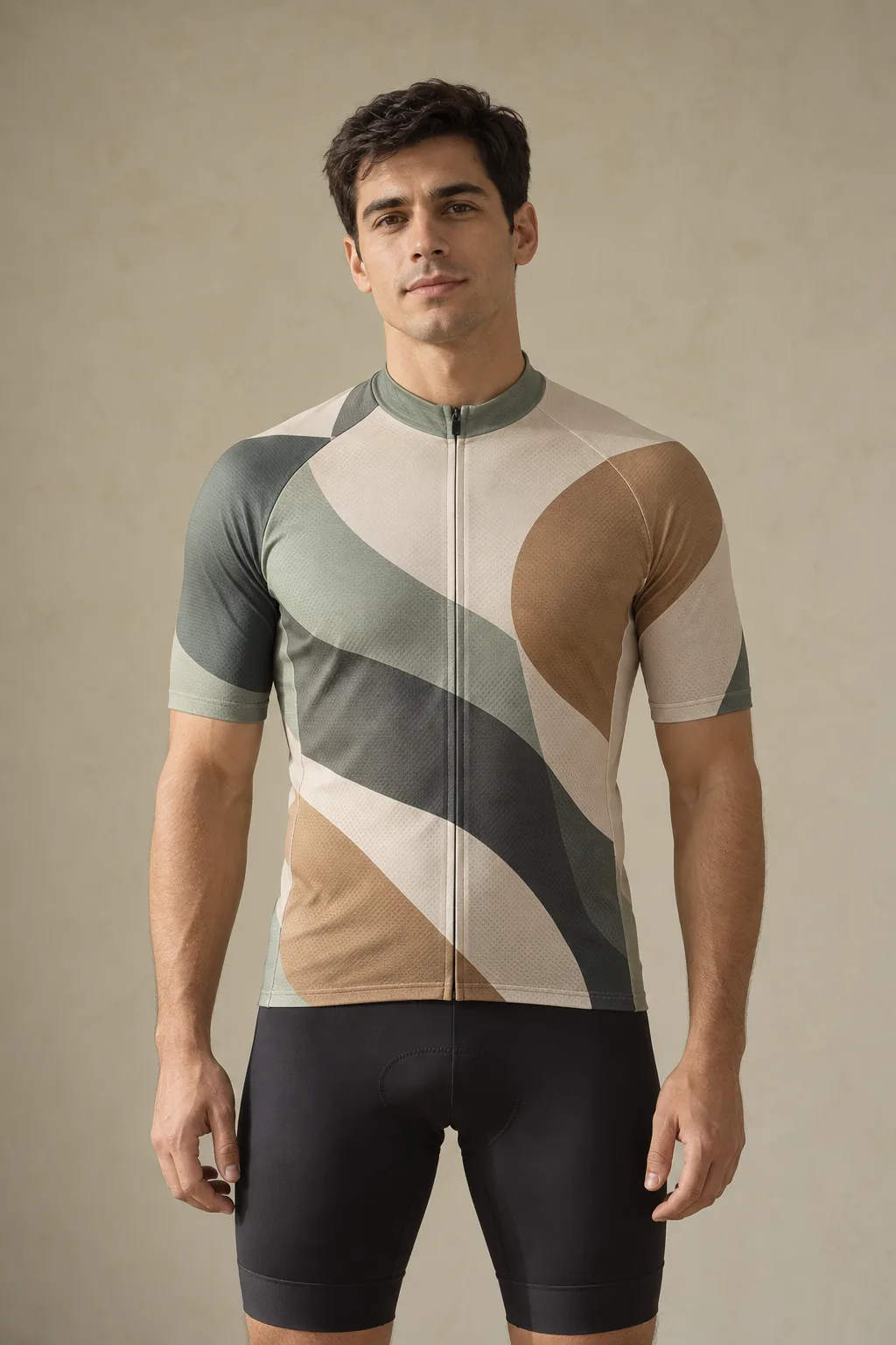 Zip-front cycling jersey printed in sage, charcoal, tan and ecru curves