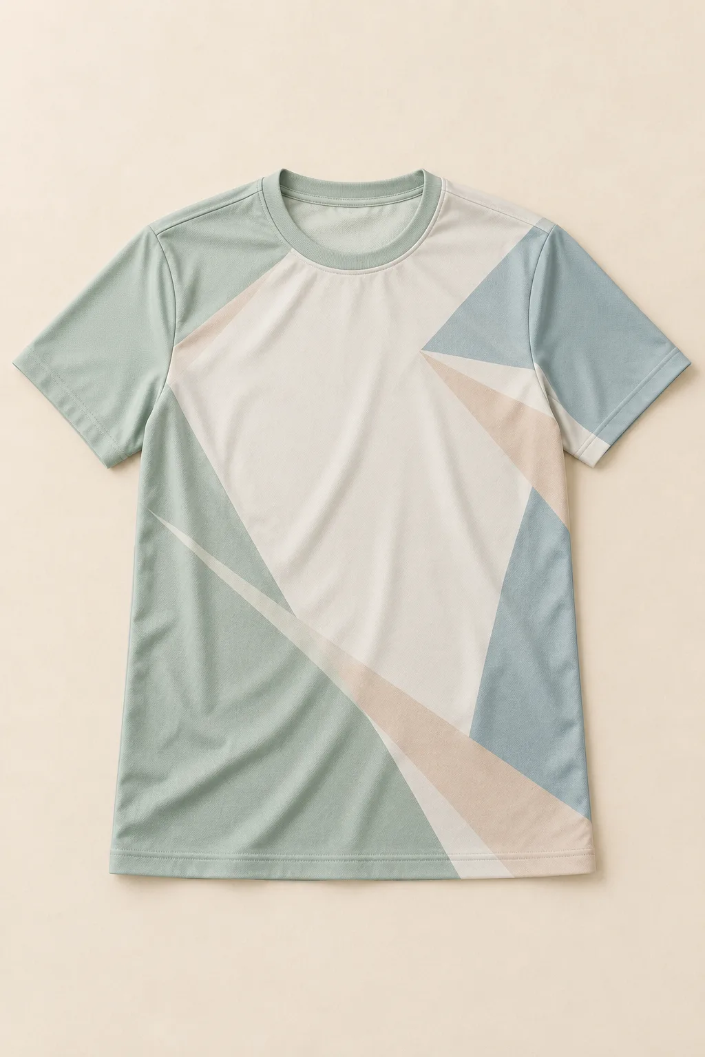 Sports T-shirt with a pastel geometric sublimation print, laid flat