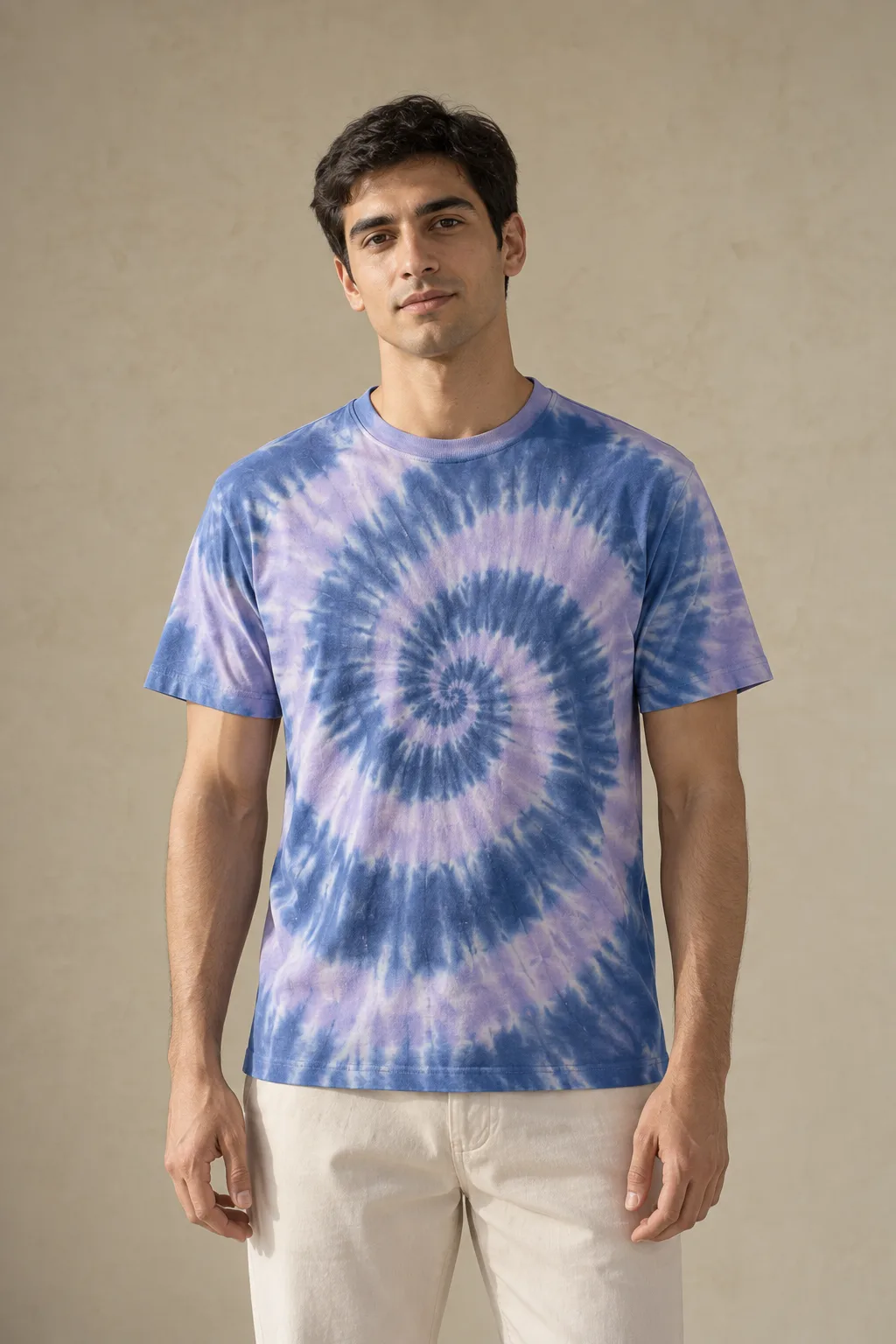 Cotton T-shirt in a blue and lilac spiral tie-dye