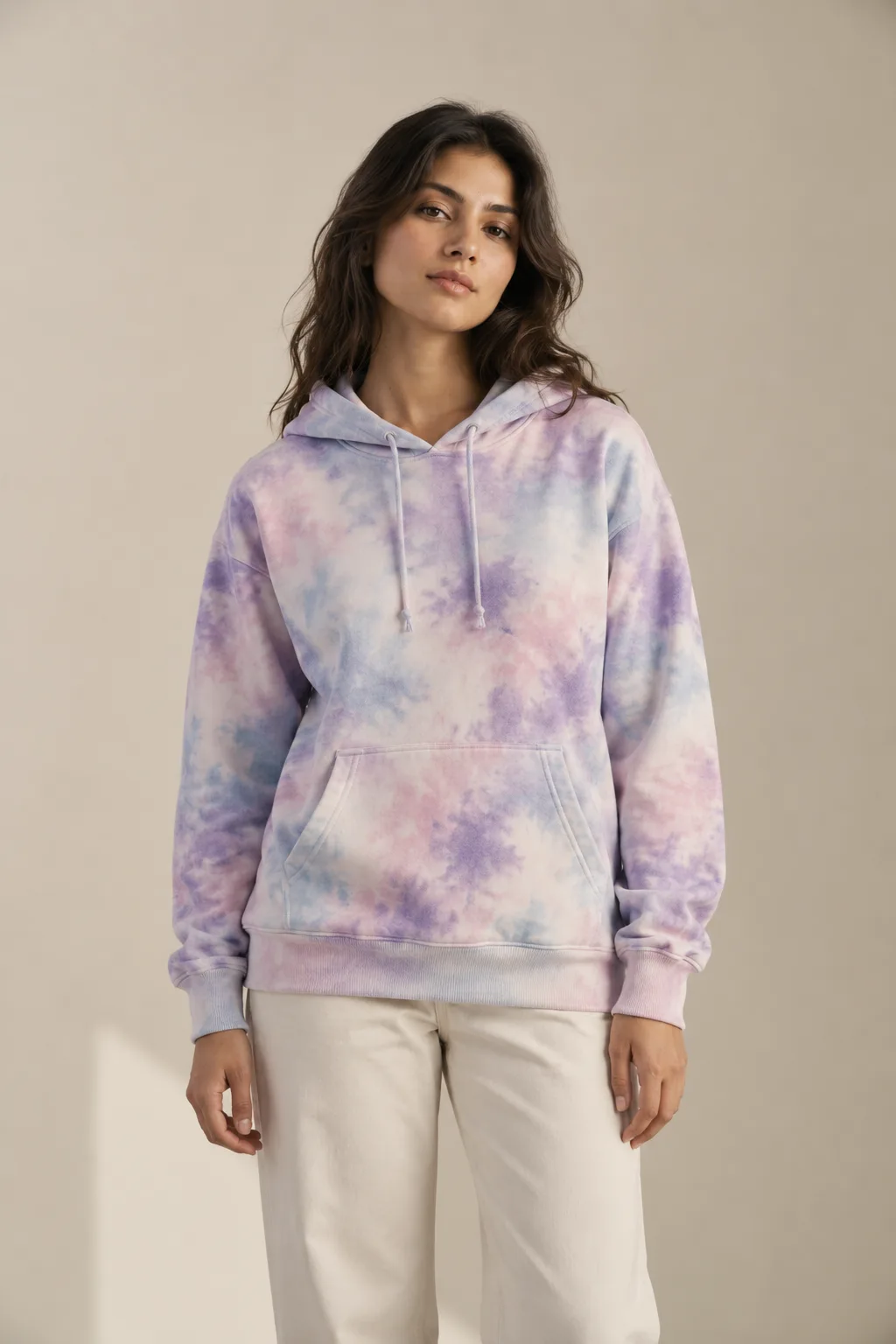 Hoodie in a soft pastel tie-dye of lilac, pink and blue