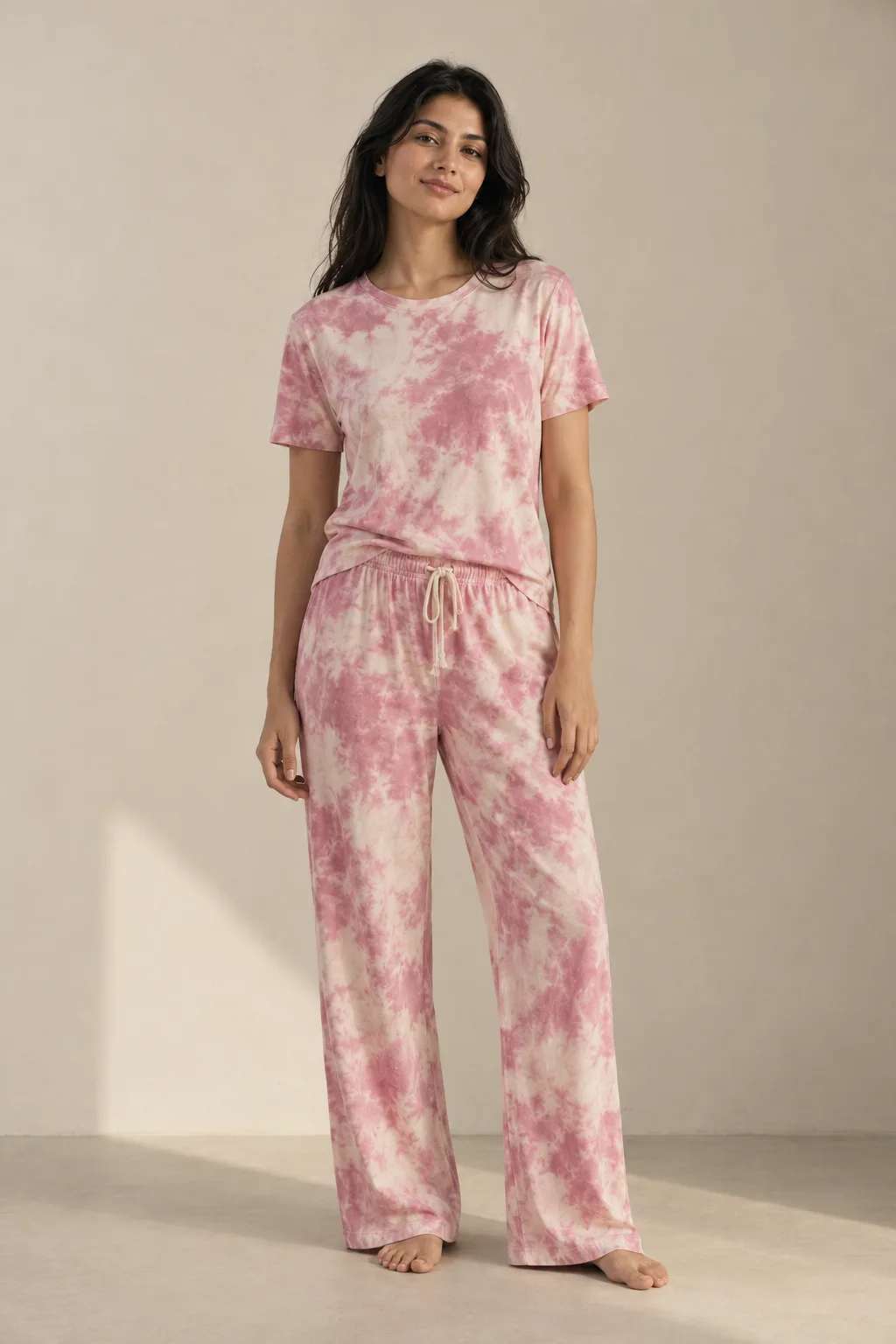 Pink and cream tie-dye lounge T-shirt and trousers worn as a set