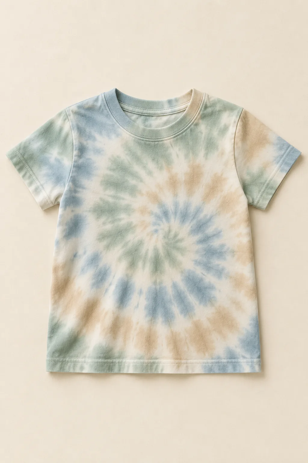 Kids T-shirt in sage, blue and sand tie-dye, laid flat