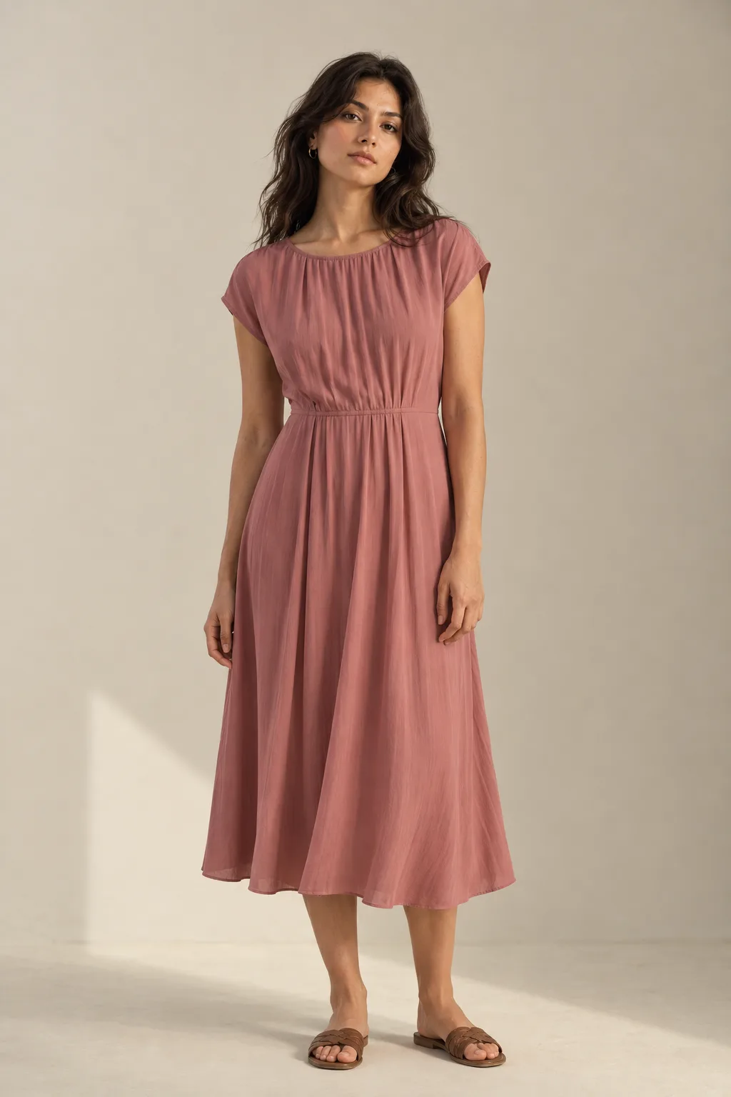 Dusty rose midi dress with a gathered waist