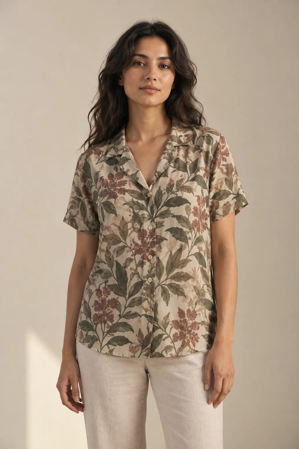 Short-sleeved blouse with a botanical print and camp collar
